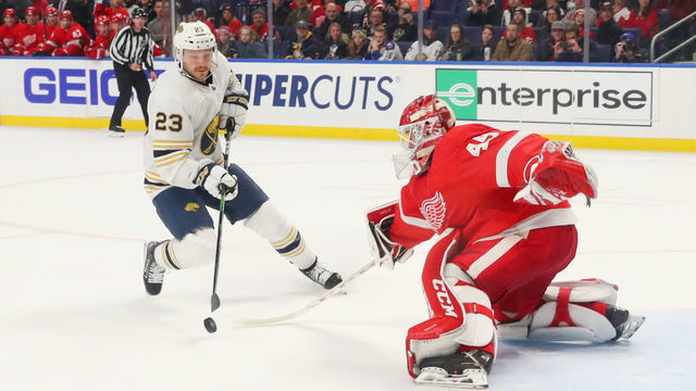 BUFFALO, NY - FEBRUARY 6: Jonathan Bernier #45 of the Detroit Red Wings makes a shootout save against Sam Reinhart #23 of the Buffalo Sabres during an NHL game on February 6, 2020 at KeyBank Center in Buffalo, New York. Detroit won 4-3 in a shootout.