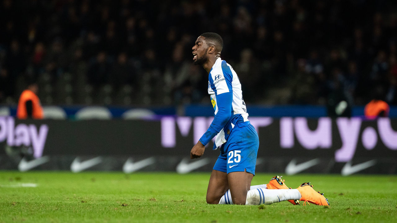 BERLIN, GERMANY - JANUARY 31: Jordan Torunarigha of Hertha BSC during the Bundesliga match between Hertha BSC and Schalke 04 at Olympiastadion Berlin on January 31, 2020 in Berlin, Germany.