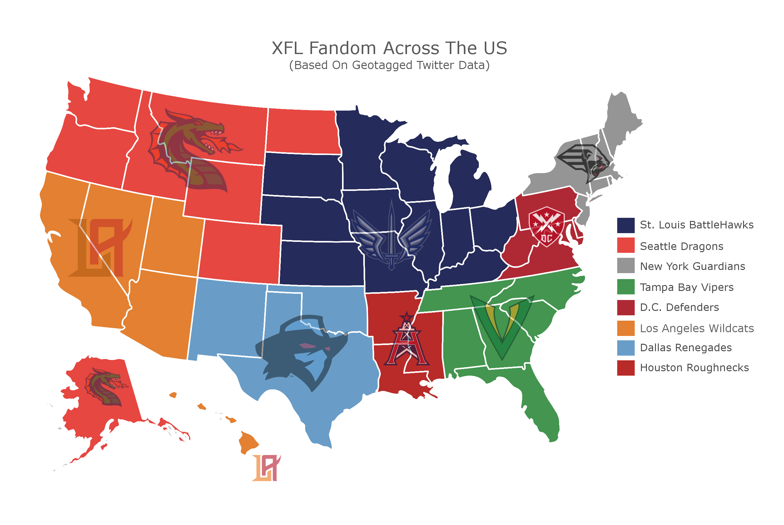 Twitter map shows which XFL team each state is rooting for