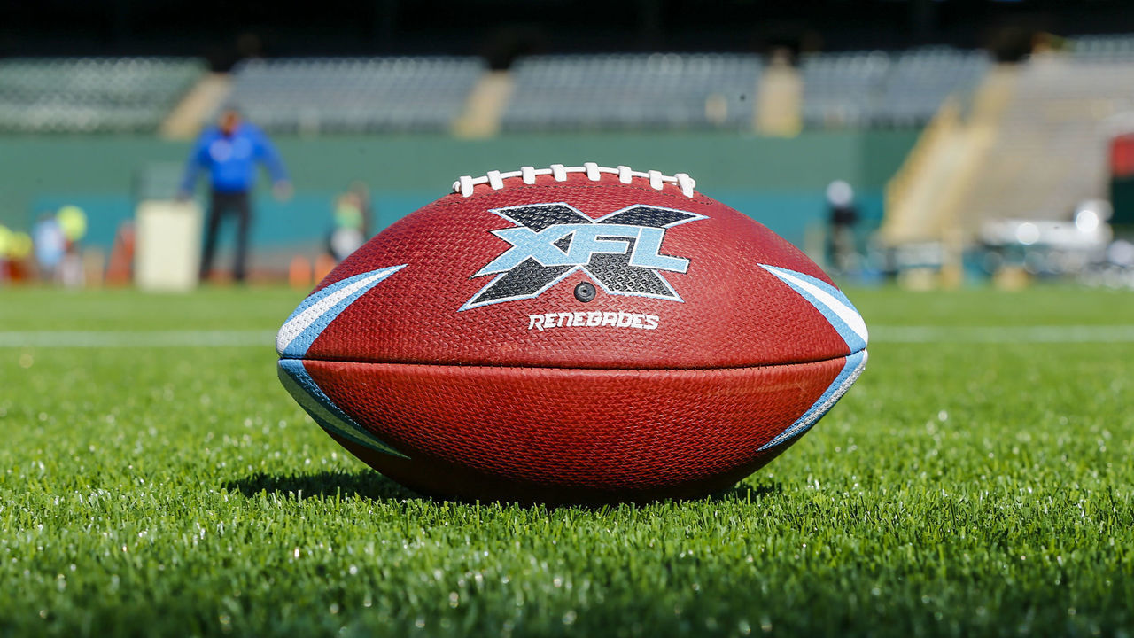 ARLINGTON, TX - FEBRUARY 01: A Dallas Renegades football lays in the grass during the open practice for the XFL Dallas Renegades on February 1, 2020 at Globe Life Park in Arlington, Texas.