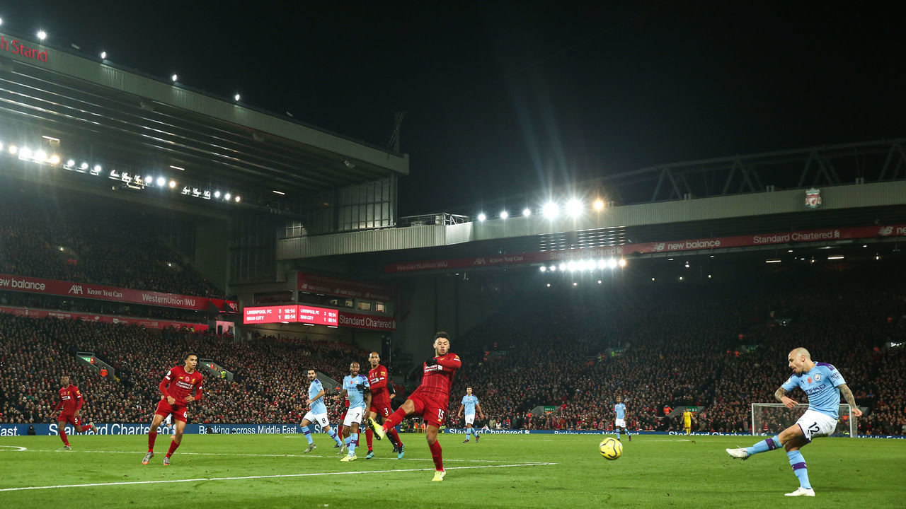 LIVERPOOL, ENGLAND - NOVEMBER 10: A general view of match action at Anfield, home stadium of Liverpool at dusk during the Premier League match between Liverpool FC and Manchester City at Anfield on November 10, 2019 in Liverpool, United Kingdom.