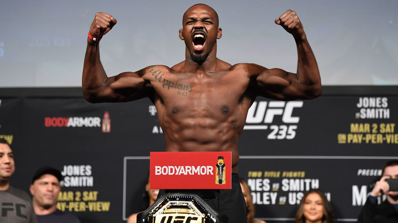 LAS VEGAS, NV - MARCH 01: Jon Jones poses on the scale during the UFC 235 weigh-in at T-Mobile Arena on March 01, 2019 in Las Vegas, Nevada.