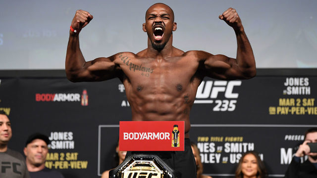 LAS VEGAS, NV - MARCH 01: Jon Jones poses on the scale during the UFC 235 weigh-in at T-Mobile Arena on March 01, 2019 in Las Vegas, Nevada.