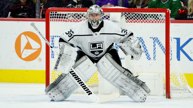RALEIGH, NC - JANUARY 11: Jack Campbell #36 of the Los Angeles Kings crouches in the crease to protect the net during an NHL game against the Carolina Hurricanes on January 11, 2020 at PNC Arena in Raleigh, North Carolina.