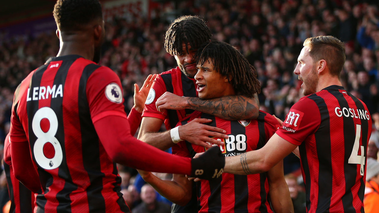 BOURNEMOUTH, ENGLAND - FEBRUARY 01: Nathan Ake of AFC Bournemouth celebrates with his team mates after scoring his team's second goal during the Premier League match between AFC Bournemouth and Aston Villa at Vitality Stadium on February 01, 2020 in Bournemouth, United Kingdom.