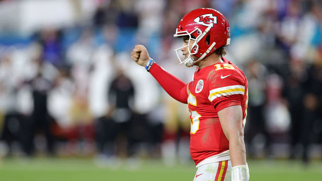 MIAMI, FLORIDA - FEBRUARY 02: Patrick Mahomes #15 of the Kansas City Chiefs celebrates after throwing a touchdown pass against the San Francisco 49ers during the fourth quarter in Super Bowl LIV at Hard Rock Stadium on February 02, 2020 in Miami, Florida.
