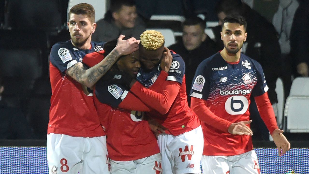 Lille's Portuguese midfielder Renato Sanches (2nd L) celebrates scoring his team's second goal during the French L1 Football match between Angers SCO and Lille (LOSC), at the Raymond-Kopa Stadium, in Angers, northwestern France on Febuary 7, 2020.