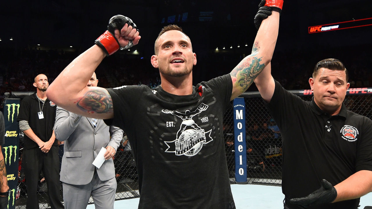 LINCOLN, NE - AUGUST 25: James Krause celebrates after his TKO victory over Warlley Alves of Brazil in their welterweight fight during the UFC Fight Night event at Pinnacle Bank Arena on August 25, 2018 in Lincoln, Nebraska.