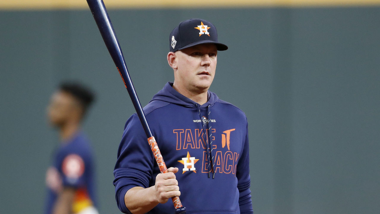 HOUSTON, TEXAS - OCTOBER 29: AJ Hinch #14 of the Houston Astros looks on during batting practice prior to Game Six of the 2019 World Series against the Washington Nationals at Minute Maid Park on October 29, 2019 in Houston, Texas.