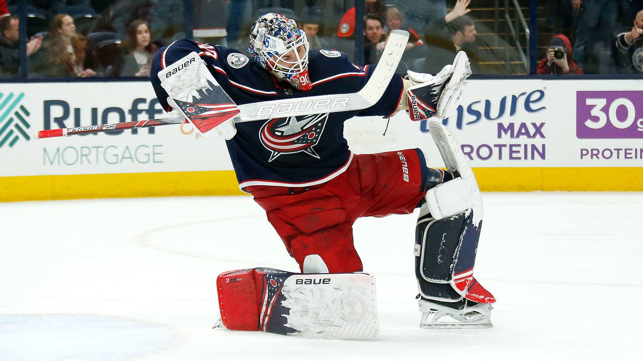 COLUMBUS, OH - FEBRUARY 7: Elvis Merzlikins #90 of the Columbus Blue Jackets celebrates after shutting out the Detroit Red Wings on February 7, 2020 at Nationwide Arena in Columbus, Ohio. Columbus defeated Detroit 2-0.