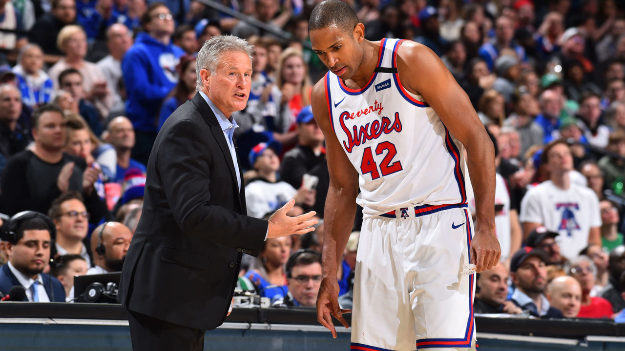 PHILADELPHIA, PA - JANUARY 9: Brett Brown talks with Al Horford #42 of the Philadelphia 76ers during the game against the Boston Celtics on January 9, 2020 at the Wells Fargo Center in Philadelphia, Pennsylvania NOTE TO USER: User expressly acknowledges and agrees that, by downloading and/or using this Photograph, user is consenting to the terms and conditions of the Getty Images License Agreement. Mandatory Copyright Notice: Copyright 2020 NBAE