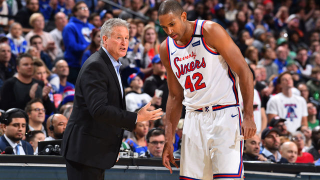PHILADELPHIA, PA - JANUARY 9: Brett Brown talks with Al Horford #42 of the Philadelphia 76ers during the game against the Boston Celtics on January 9, 2020 at the Wells Fargo Center in Philadelphia, Pennsylvania NOTE TO USER: User expressly acknowledges and agrees that, by downloading and/or using this Photograph, user is consenting to the terms and conditions of the Getty Images License Agreement. Mandatory Copyright Notice: Copyright 2020 NBAE