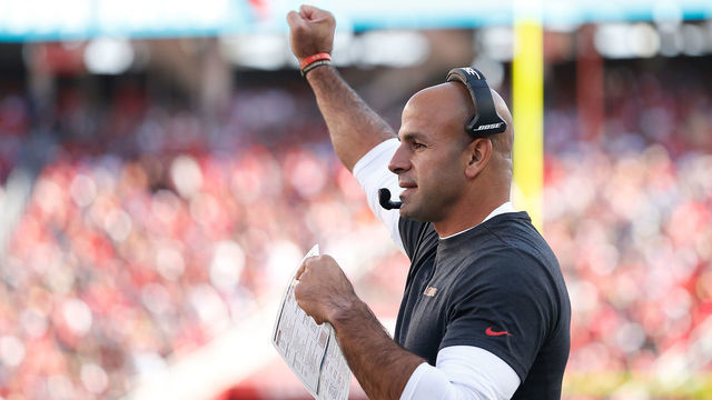 SANTA CLARA, CALIFORNIA - OCTOBER 27: San Francisco 49ers defensive coordinator Robert Saleh looks on from the sideline in the second half against the Carolina Panthers at Levi's Stadium on October 27, 2019 in Santa Clara, California.