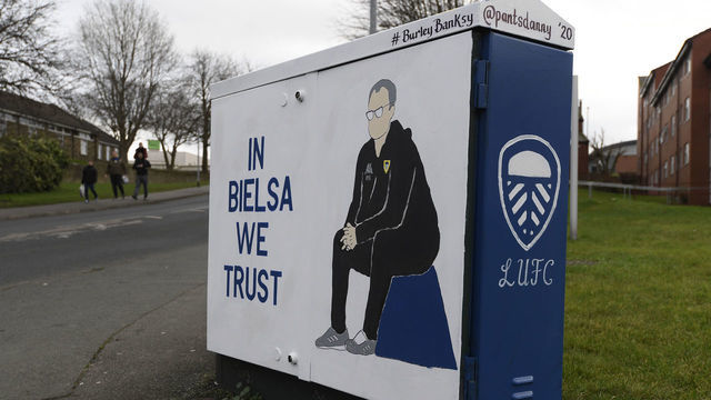 LEEDS, ENGLAND - JANUARY 11: A painting of Marcelo Bielsa, manager of Leeds United on an electric box ahead of the Sky Bet Championship match between Leeds United and Sheffield Wednesday at Elland Road on January 11, 2020 in Leeds, England.