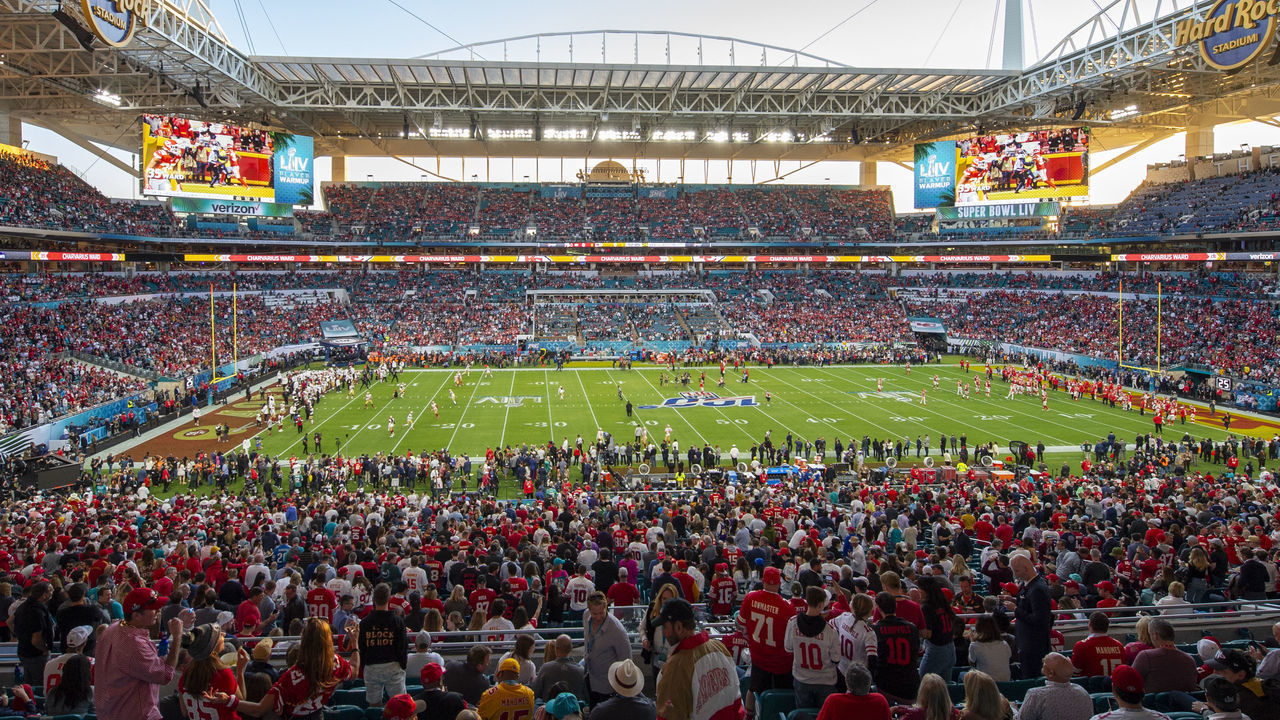 MIAMI GARDENS, FL - FEBRUARY 02: A general view of the fans in the stadium before the NFL Super Bowl LIV game between the Kansas City Chiefs and the San Francisco 49ers at the Hard Rock Stadium in Miami Gardens, FL on February 2, 2020.