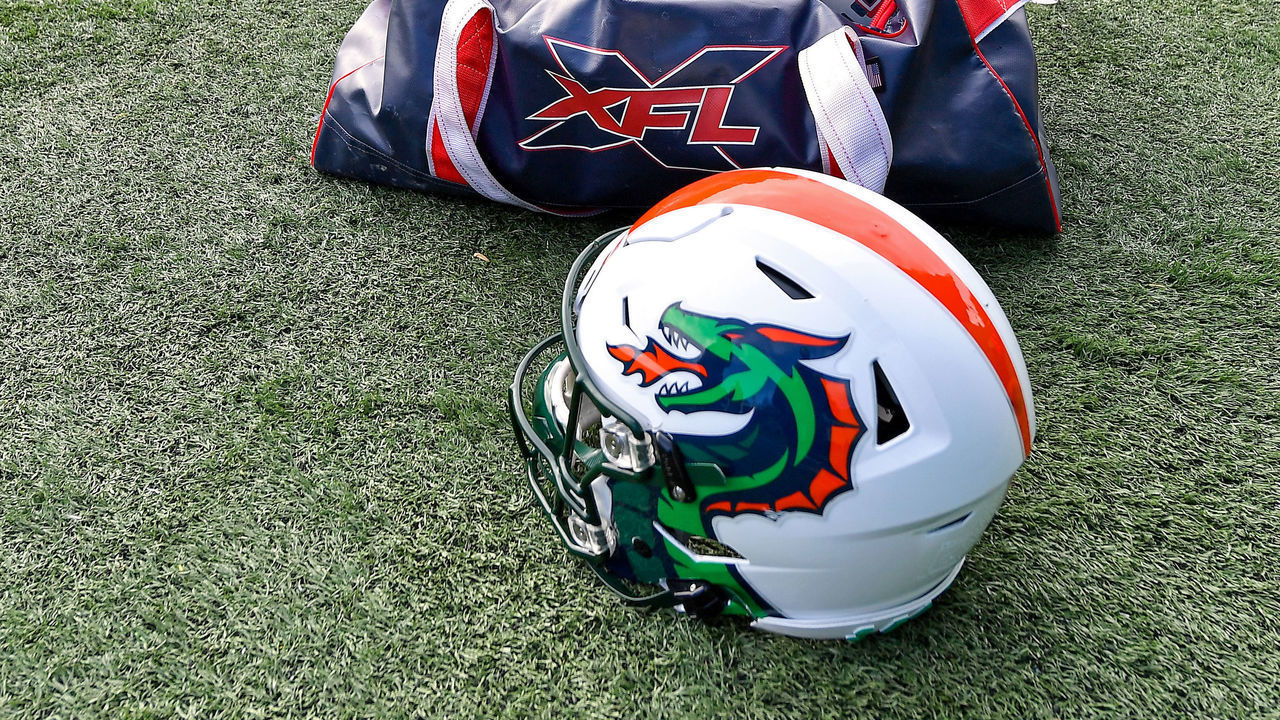 SEATTLE, WASHINGTON - JANUARY 27: Detail of the XFL Seattle Dragons football helmet and ball bag after practice at Memorial Stadium on January 27, 2020 in Seattle, Washington.