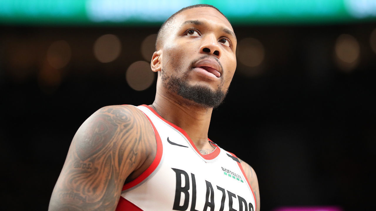 PORTLAND, OREGON - FEBRUARY 01: Damian Lillard #0 of the Portland Trail Blazers reacts in the third quarter against the Utah Jazz during their game at Moda Center on February 01, 2020 in Portland, Oregon.