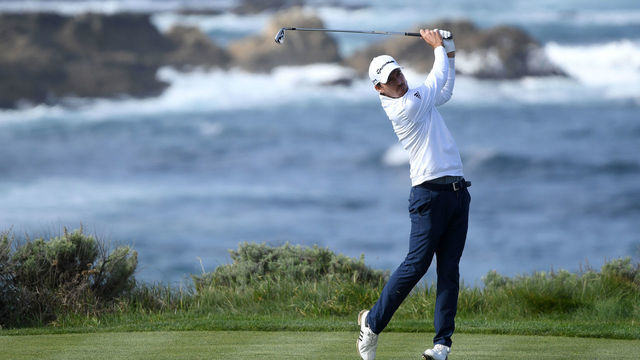 PEBBLE BEACH, CALIFORNIA - FEBRUARY 08: Nick Taylor of Canada plays his shot from the fourth tee during the third round of the AT&T Pebble Beach Pro-Am at Spyglass Hill Golf Course on February 08, 2020 in Pebble Beach, California.