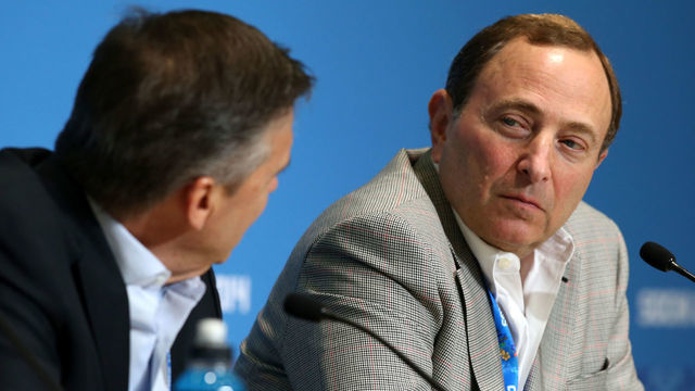 SOCHI, RUSSIA - FEBRUARY 18: (L-R) International Ice Hockey Federation President Rene Fasel and National Hockey League Commissioner Gary Bettman speak during a press conference on day eleven of the Sochi 2014 Winter Olympics on February 18, 2014 in Sochi, Russia.