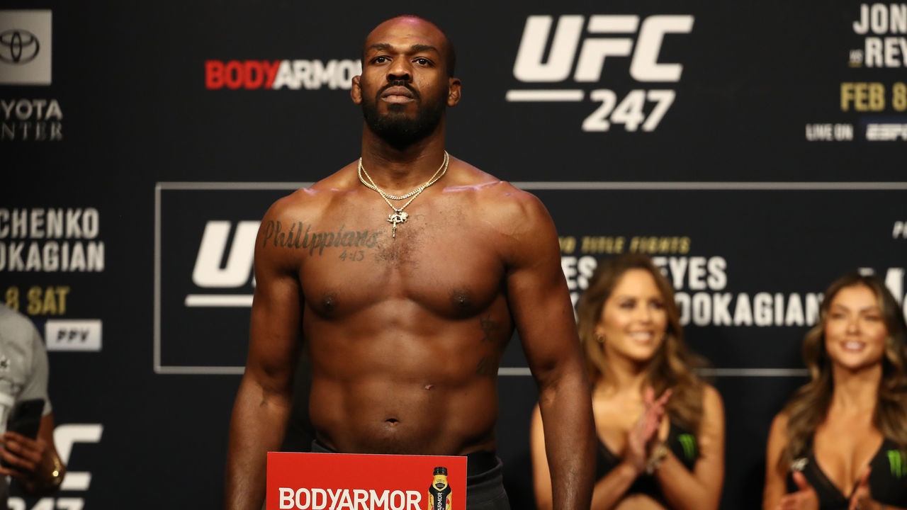HOUSTON, TEXAS - FEBRUARY 07: Jon Jones steps on the scale during the UFC 247 ceremonial weigh-in at Toyota Center on February 07, 2020 in Houston, Texas.