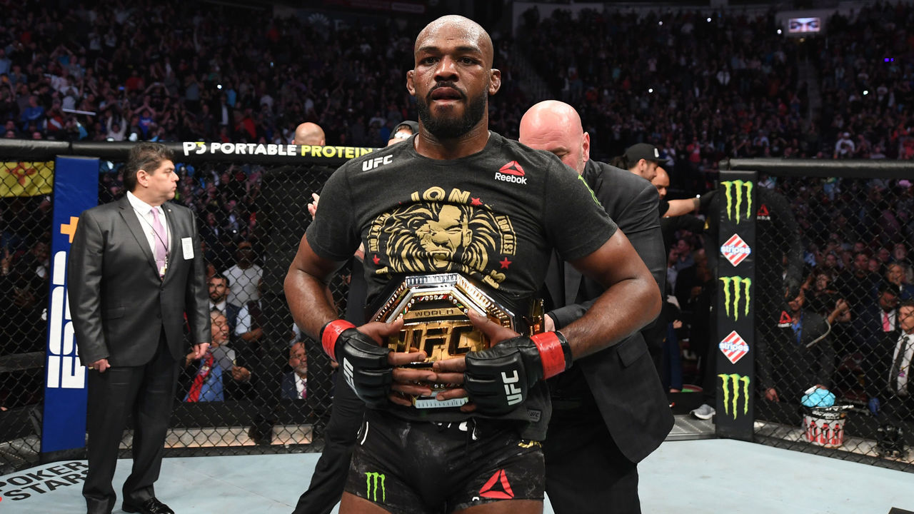 HOUSTON, TEXAS - FEBRUARY 08: Jon Jones celebrates his victory over Dominick Reyes in their light heavyweight championship bout during the UFC 247 event at Toyota Center on February 08, 2020 in Houston, Texas.
