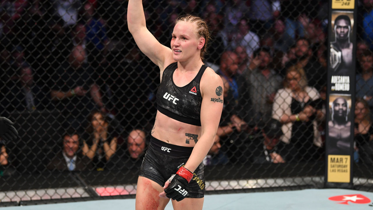 HOUSTON, TEXAS - FEBRUARY 08: Valentina Shevchenko of Kyrgyzstan celebrates her TKO victory over Katlyn Chookagian in their women's flyweight championship bout during the UFC 247 event at Toyota Center on February 08, 2020 in Houston, Texas.