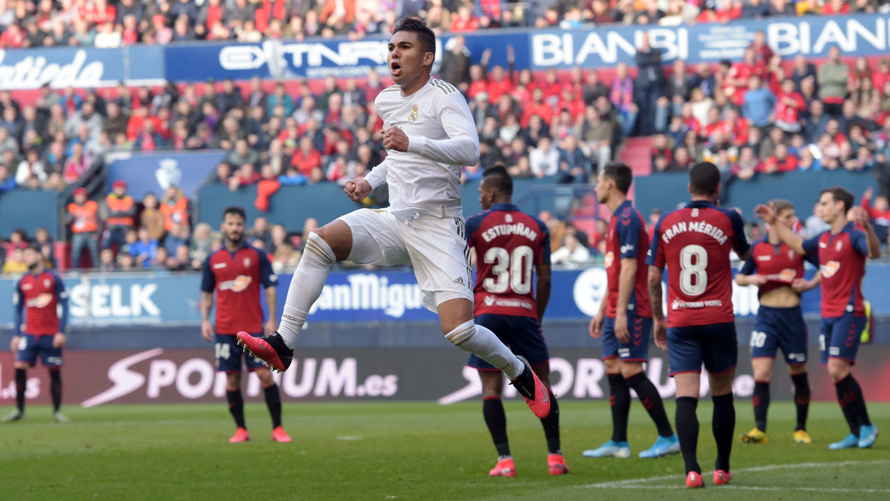 PAMPLONA, SPAIN - FEBRUARY 09: Casemiro of Real Madrid celebrates his sides second goal during the La Liga match between CA Osasuna and Real Madrid CF at El Sadar Stadium on February 09, 2020 in Pamplona, Spain.