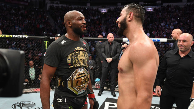 HOUSTON, TEXAS - FEBRUARY 08: (L-R) Jon Jones and Dominick Reyes interact after their light heavyweight championship bout during the UFC 247 event at Toyota Center on February 08, 2020 in Houston, Texas.
