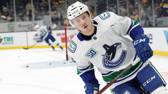 BOSTON, MA - FEBRUARY 04: Vancouver Canucks right wing Brock Boeser (6) in warm up before a game between the Boston Bruins and the Vancouver Canucks on February 4, 2020, at TD Garden in Boston, Massachusetts.