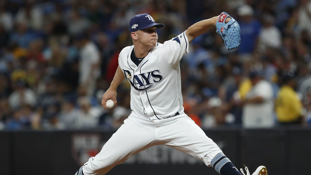 ST. PETERSBURG, FL - OCTOBER 08: Tampa Bay Rays relief pitcher Emilio Pagan (15) delivers a pitch during Game 4 of the ALDS between the Houston Astros and Tampa Bay Rays on October 8, 2019 at Tropicana Field in St. Petersburg, FL.