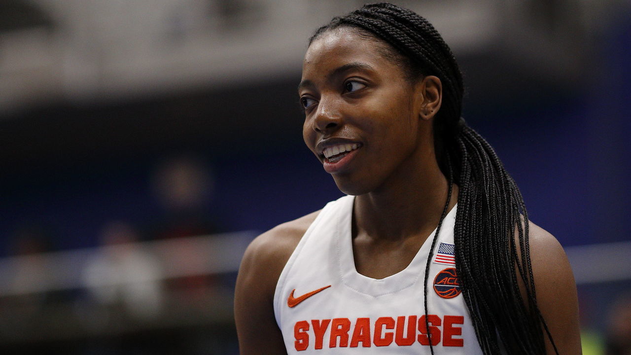 VICTORIA , BC - NOVEMBER 29: Kiara Lewis #23 of the Syracuse Orange looks on against the Stanford Cardinal at the Greater Victoria Invitational at the Centre for Athletics, Recreation and Special Abilities (CARSA) on November 29, 2019 in Victoria, British Columbia, Canada. "n"n"n"n