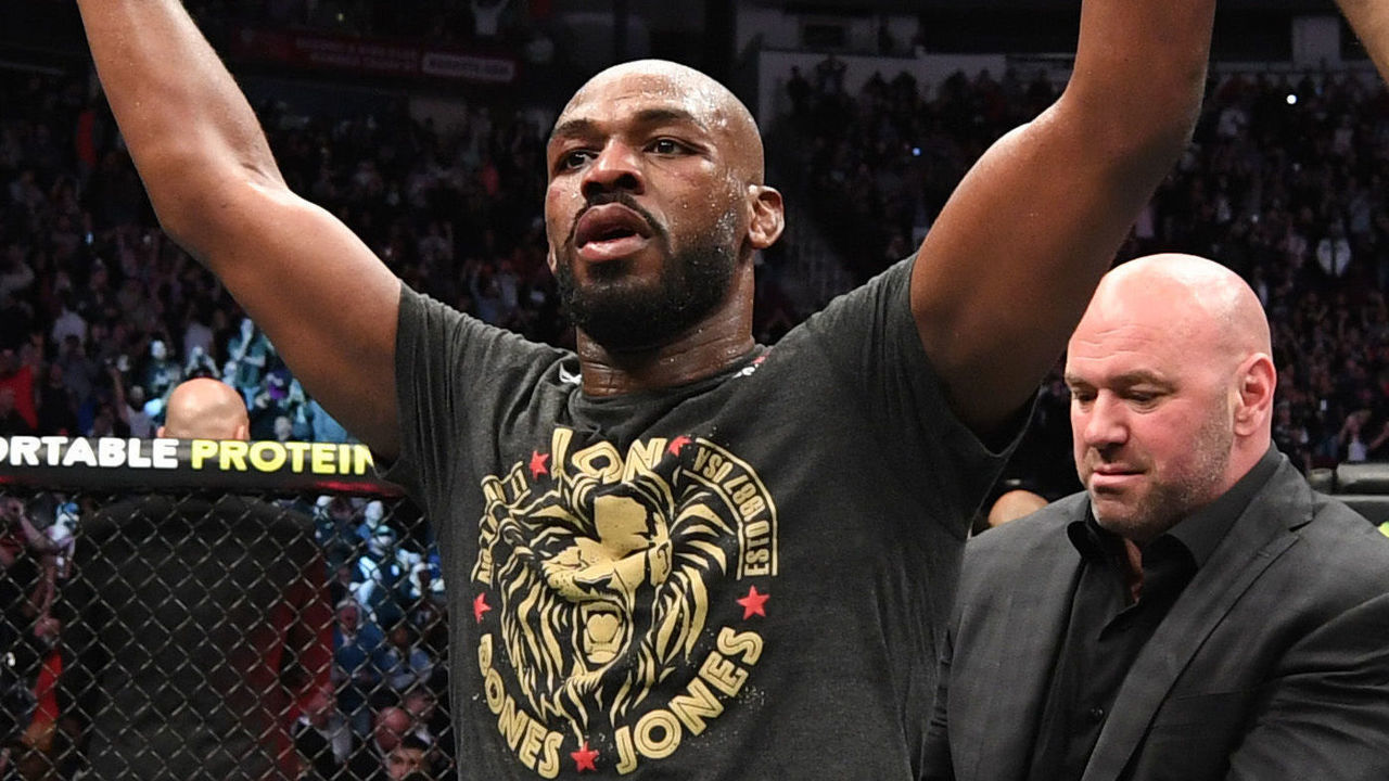 HOUSTON, TEXAS - FEBRUARY 08: Jon Jones celebrates his victory over Dominick Reyes in their light heavyweight championship bout during the UFC 247 event at Toyota Center on February 08, 2020 in Houston, Texas.