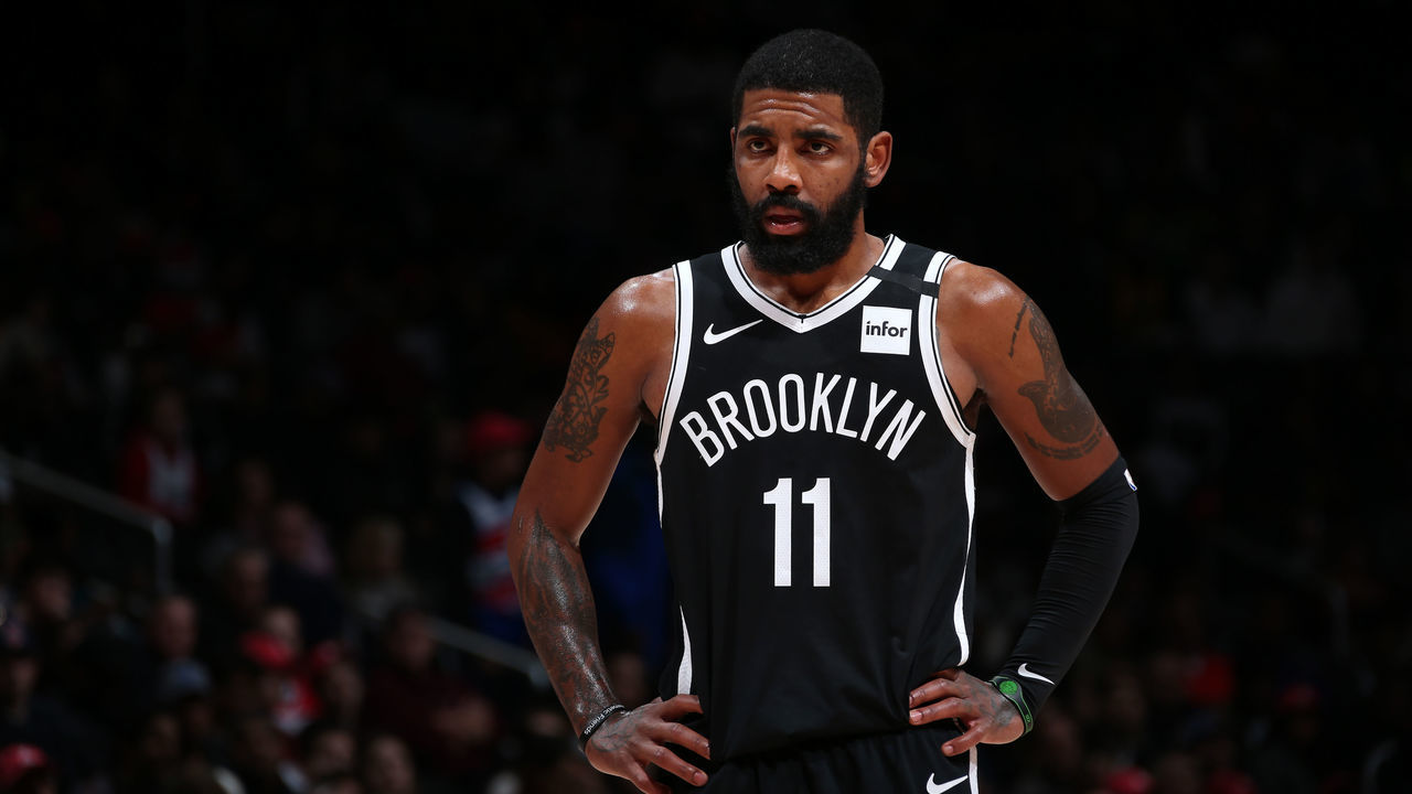 WASHINGTON, DC - FEBRUARY 1: Kyrie Irving #11 of the Brooklyn Nets looks on during the game against the Washington Wizards on February 1, 2020 at Capital One Arena in Washington, DC. Mandatory Copyright Notice: Copyright 2020 NBAE