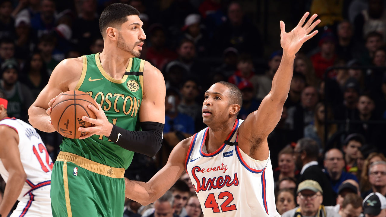 PHILADELPHIA, PA - JANUARY 9: Enes Kanter #11 of the Boston Celtics handles the ball during the game while Al Horford #42 of the Philadelphia 76ers plays defense on January 9, 2020 at the Wells Fargo Center in Philadelphia, Pennsylvania NOTE TO USER: User expressly acknowledges and agrees that, by downloading and/or using this Photograph, user is consenting to the terms and conditions of the Getty Images License Agreement. Mandatory Copyright Notice: Copyright 2020 NBAE
