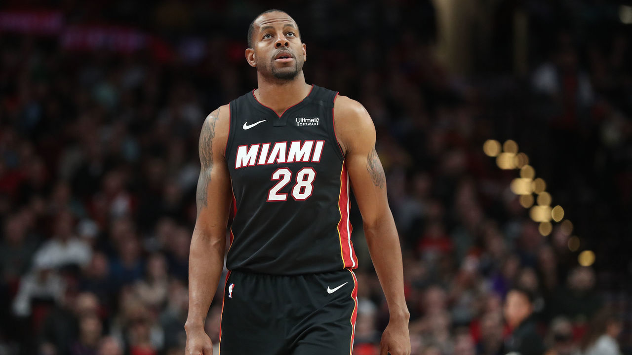 PORTLAND, OREGON - FEBRUARY 09: Andre Iguodala #28 of the Miami Heat reacts in the fourth quarter against the Portland Trail Blazers during their game at Moda Center on February 09, 2020 in Portland, Oregon.