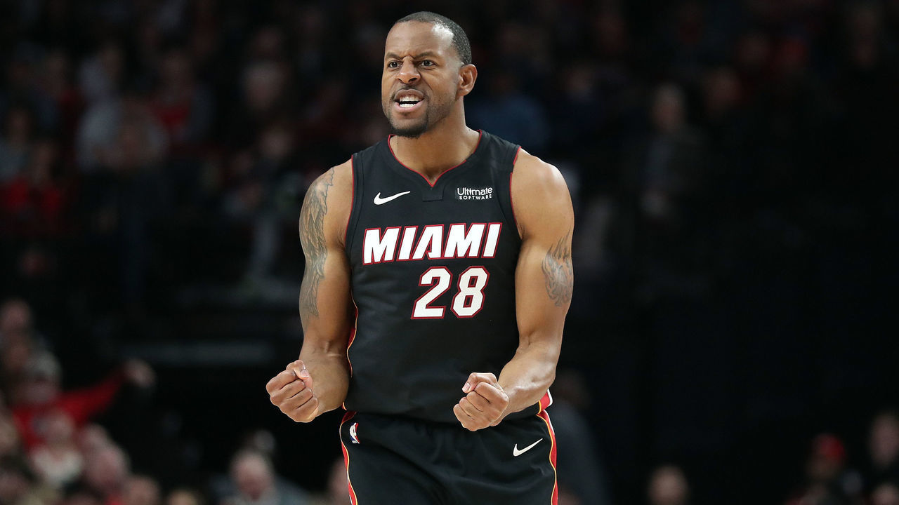PORTLAND, OREGON - FEBRUARY 09: Andre Iguodala #28 of the Miami Heat reacts in the fourth quarter against the Portland Trail Blazers during their game at Moda Center on February 09, 2020 in Portland, Oregon.