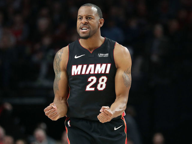 PORTLAND, OREGON - FEBRUARY 09: Andre Iguodala #28 of the Miami Heat reacts in the fourth quarter against the Portland Trail Blazers during their game at Moda Center on February 09, 2020 in Portland, Oregon.