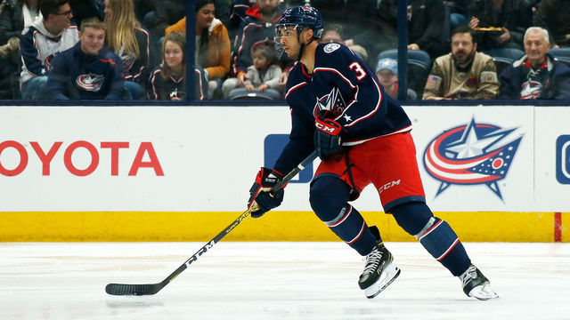 COLUMBUS, OH - JANUARY 16: Seth Jones #3 of the Columbus Blue Jackets controls the puck during the game against the Carolina Hurricanes on January 16, 2020 at Nationwide Arena in Columbus, Ohio.