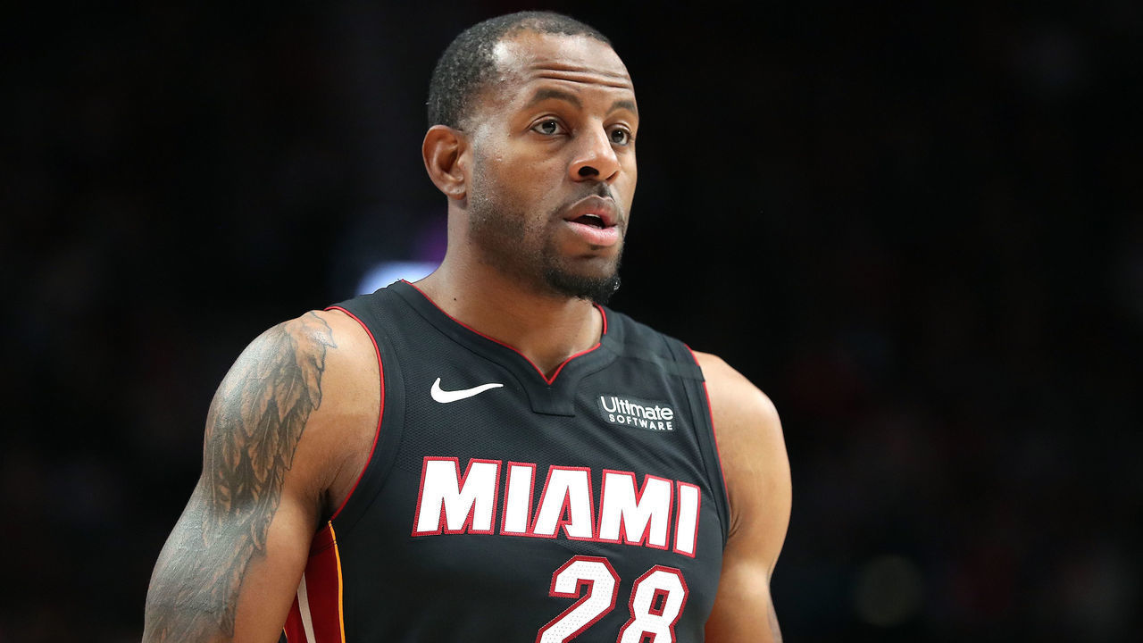 PORTLAND, OREGON - FEBRUARY 09: Andre Iguodala #28 of the Miami Heat looks on in the second quarter against the Portland Trail Blazers during their game at Moda Center on February 09, 2020 in Portland, Oregon.