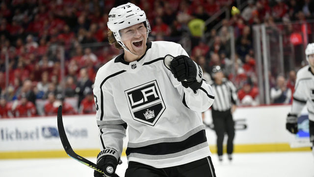 WASHINGTON, DC - FEBRUARY 04: Kings right wing Tyler Toffoli (73) celebrates after the Kings first period goal during the Los Angeles Kings vs. Washington Capitals NHL game on February 4, 2020 at Capital One Arena in Washington, D.C..