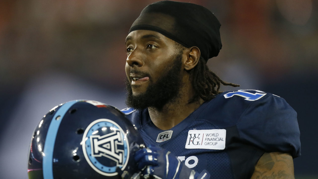 TORONTO, ON - JULY 06: S.J. Green #19 of the Toronto Argonauts goes to put on his helmet against the BC Lions at BMO Field on July 6, 2019 in Toronto, Canada. BC defeated Toronto 18-17.