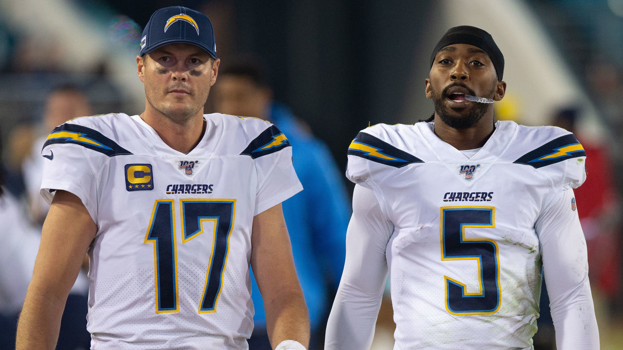 JACKSONVILLE, FL - DECEMBER 08: Los Angeles Chargers Quarterback Philip Rivers (17) and Los Angeles Chargers Quarterback Tyrod Taylor (5) during the game between the Los Angeles Chargers and the Jacksonville Jaguars on December 8, 2019 at TIAA Bank Field in Jacksonville, Fl.