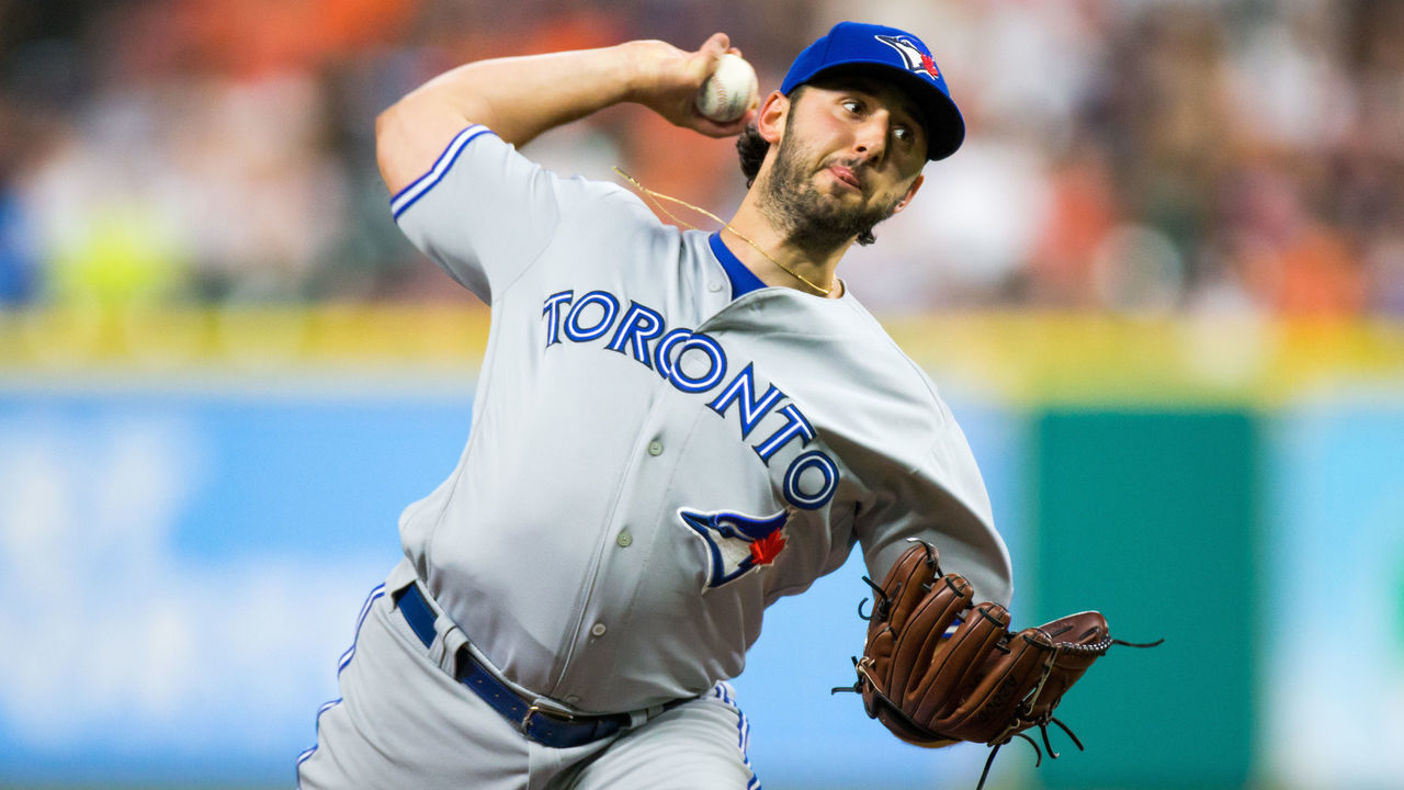 HOUSTON, TX - AUGUST 04: Toronto Blue Jays starting pitcher Mike Bolsinger (49) delivers the pitch in the fourth inning of a MLB game between the Houston Astros and the Toronto Blue Jays at Minute Maid Park, Friday, August 4, 2017. Houston Astros defeated Toronto Blue Jays 16-7.