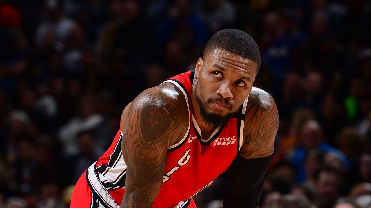 DENVER, CO - FEBRUARY 4: Damian Lillard #0 of the Portland Trail Blazers looks on during the game against the Denver Nuggets on February 4, 2020 at the Pepsi Center in Denver, Colorado. NOTE TO USER: User expressly acknowledges and agrees that, by downloading and/or using this Photograph, user is consenting to the terms and conditions of the Getty Images License Agreement. Mandatory Copyright Notice: Copyright 2020 NBAE