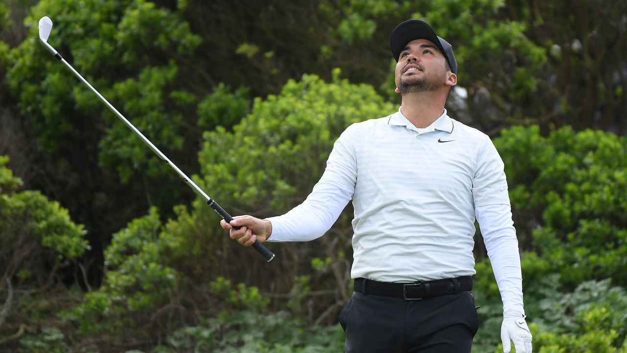 PEBBLE BEACH, CALIFORNIA - FEBRUARY 08: Jason Day of Australia reacts after playing his shot from the fifth tee during the third round of the AT&T Pebble Beach Pro-Am at Spyglass Hill Golf Course on February 08, 2020 in Pebble Beach, California.