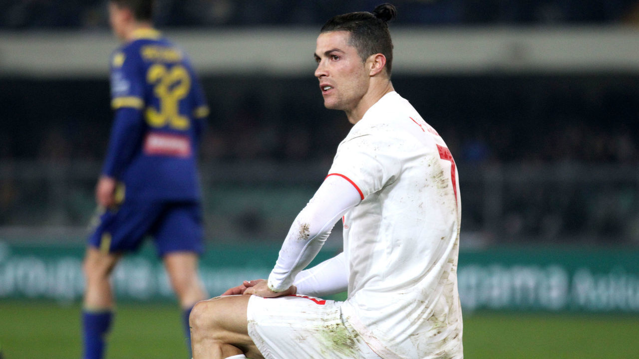 VERONA, ITALY - FEBRUARY 08 : Cristiano Ronaldo of Juventus Disappointed ,during the Serie A match between Hellas Verona and Juventus at Stadio Marcantonio Bentegodi on February 8, 2020 in Verona, Italy.