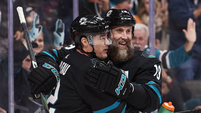 SAN JOSE, CA - DECEMBER 27: San Jose Sharks center Patrick Marleau (12) and Joe Thornton (19) celebrate Thorntons second-period goal during the San Jose Sharks game versus the Los Angeles Kings on December 27, 2019, at SAP Center at San Jose in San Jose, CA