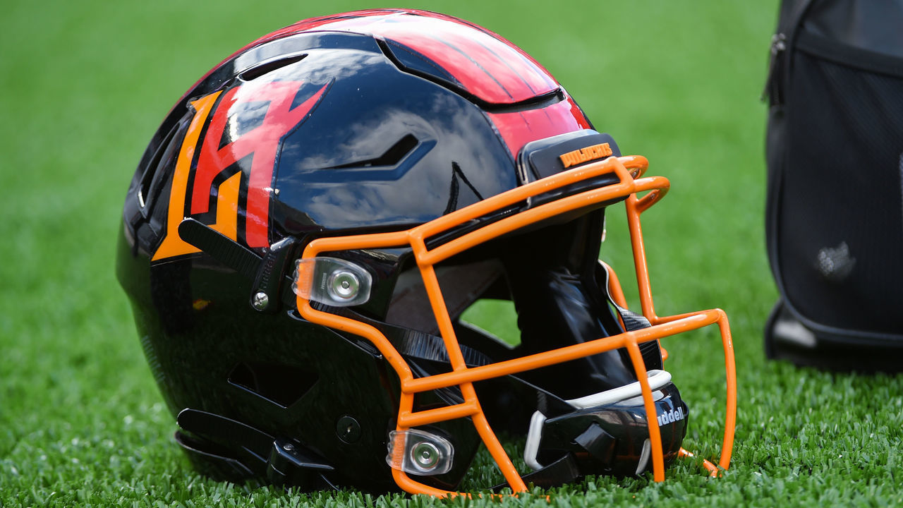 HOUSTON, TX - FEBRUARY 08: An LA helmet awaits the next series during the XFL football game between the Los Angeles Wildcats and Houston Roughnecks at TDECU Stadium on February 8, 2020 in Houston, TX.