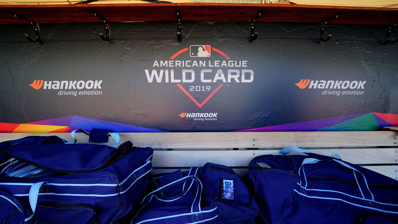 OAKLAND, CA - OCTOBER 02: A detail shot of the Hankook Tires and the American League Wild Card logos in the dugout prior to the AL Wild Card game between the Tampa Bay Rays and the Oakland Athletics at Oakland Coliseum on Wednesday, October 2, 2019 in Oakland, California.