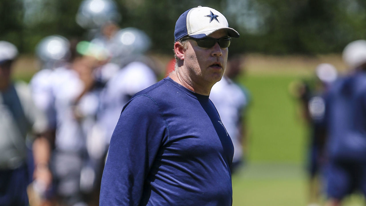 FRISCO, TX - JUNE 14: Dallas Cowboys offensive coordinator Scott Linehan watches the action during the Dallas Cowboys mini camp practice on June 14, 2018 at The Star in Frisco, Texas.
